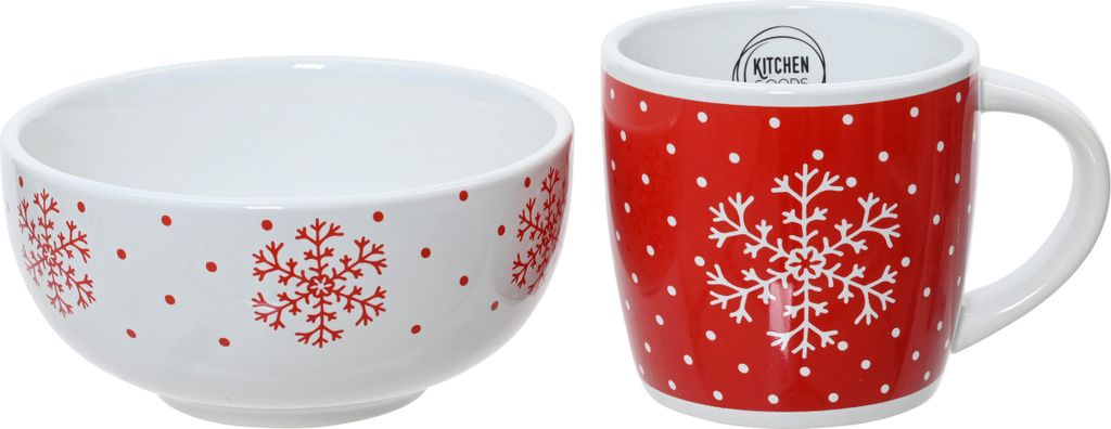 Frühstücksgeschirr Keramik mit Weihnachtsmotiv 2er Set Weiß / Rot