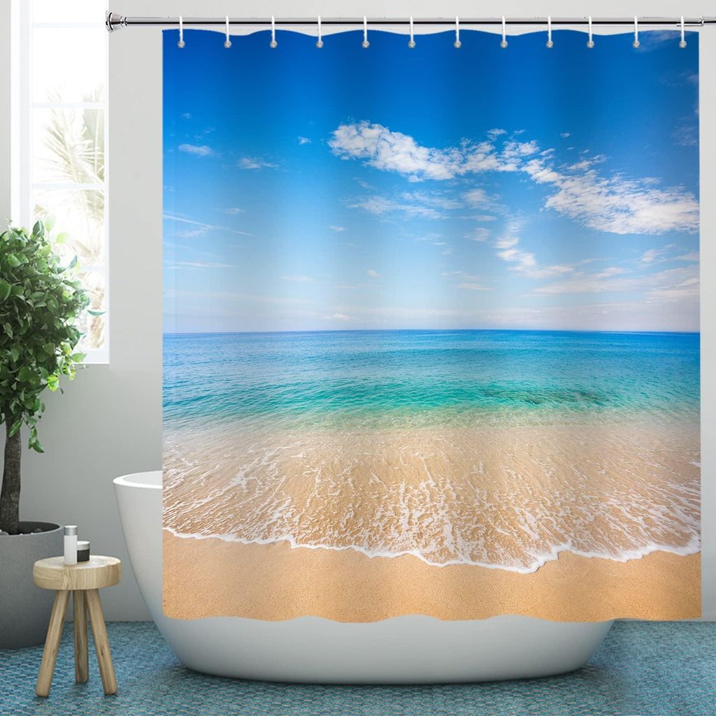 Duschvorhang 180 x 200 cm, Strand-, Ozean-, Meeres-, Wellen-, Seestern- und Muschelmotiv, Textil, schimmelresistent, maschinenwaschbar, Breite 180 ...