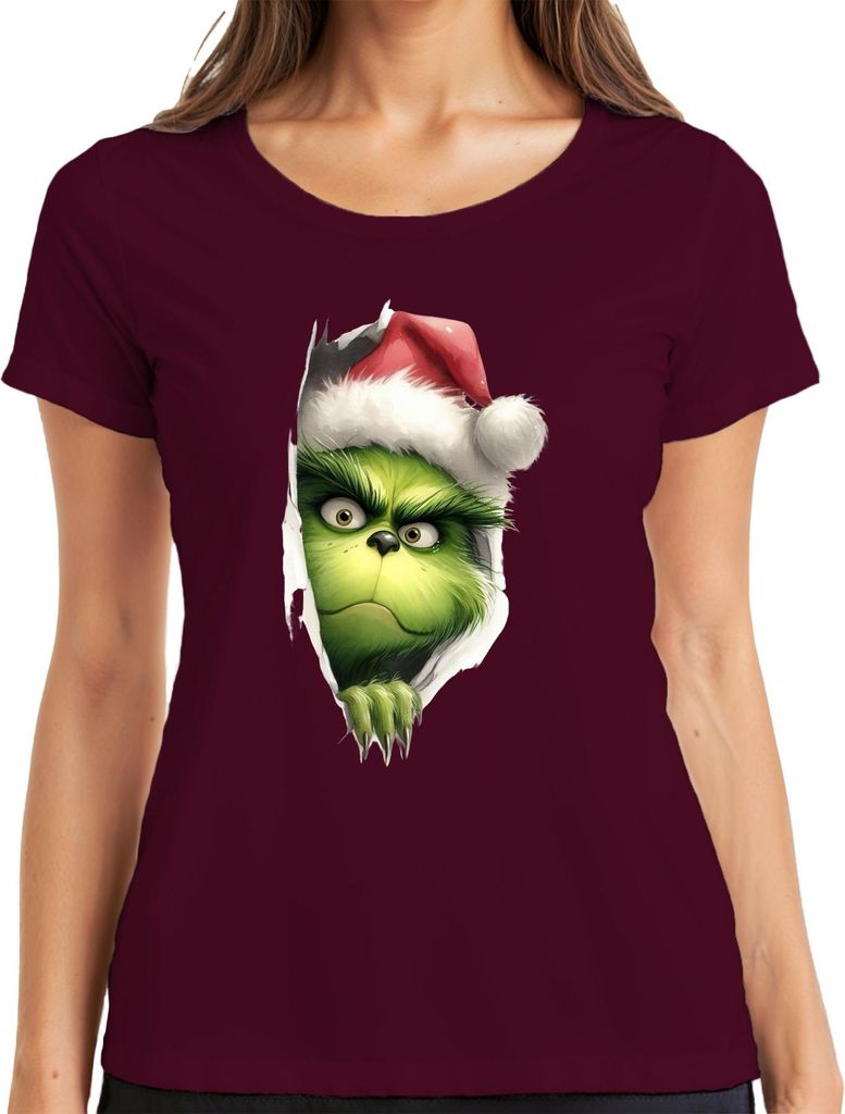 Grinch Weihnachten Gesicht Xmas Geschenk Santa Hut frech lustig Damen T-Shirt, Burgundy, XXL