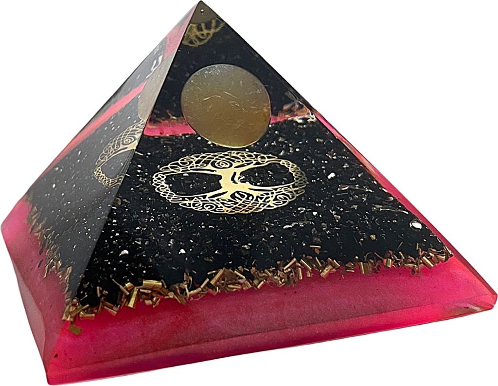 CHONIT Orgonit Pyramide, pink schwarz, EMF-Schutz gegen Strahlung, klein mit Bergkristall als Deko für zu Hause
