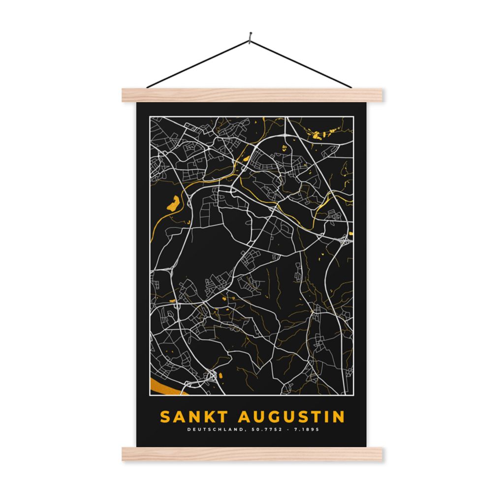 MuchoWow Textilposter Stadtplan - Karte - St. Augustin - Gold - Deutschland - Karte 120x180 cm mit holzfarbenen Rahmen - Textil-Plakat