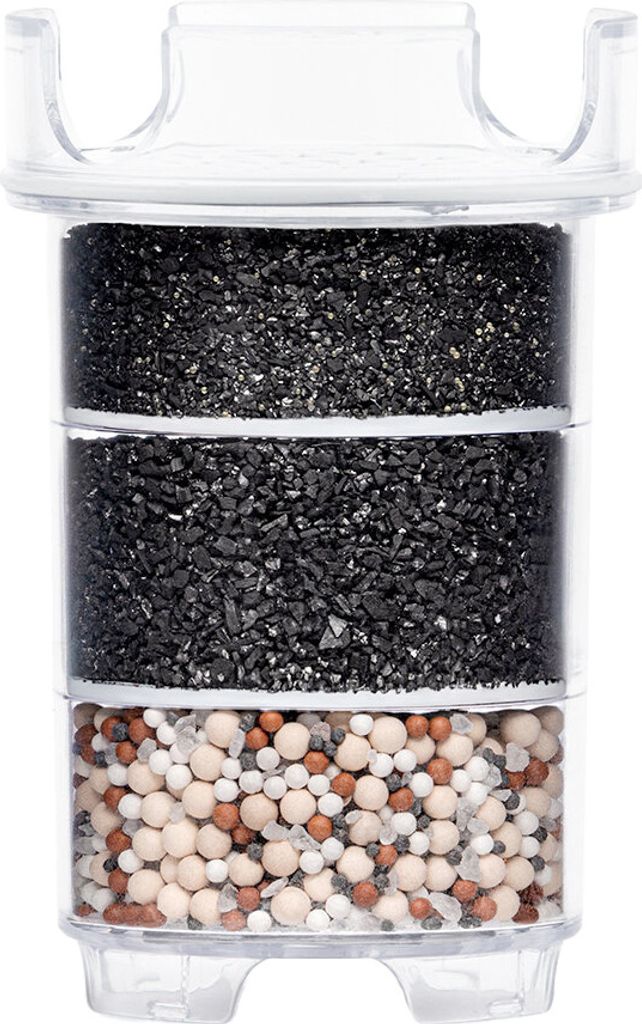 A multi-layered water filter cartridge shown against a white background.
