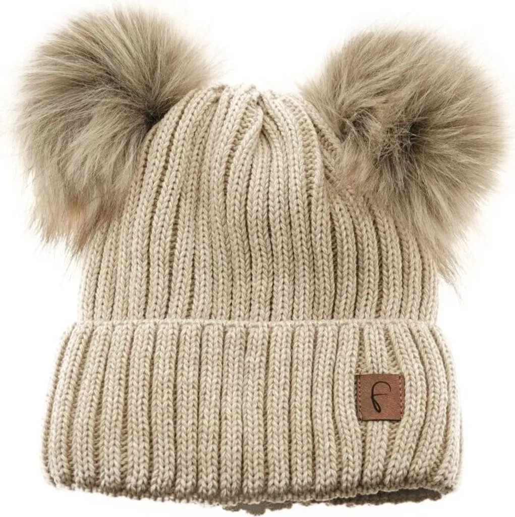 Berretto Beige Doppio Pompon Donna - Caldo Cappello con Interno Pile