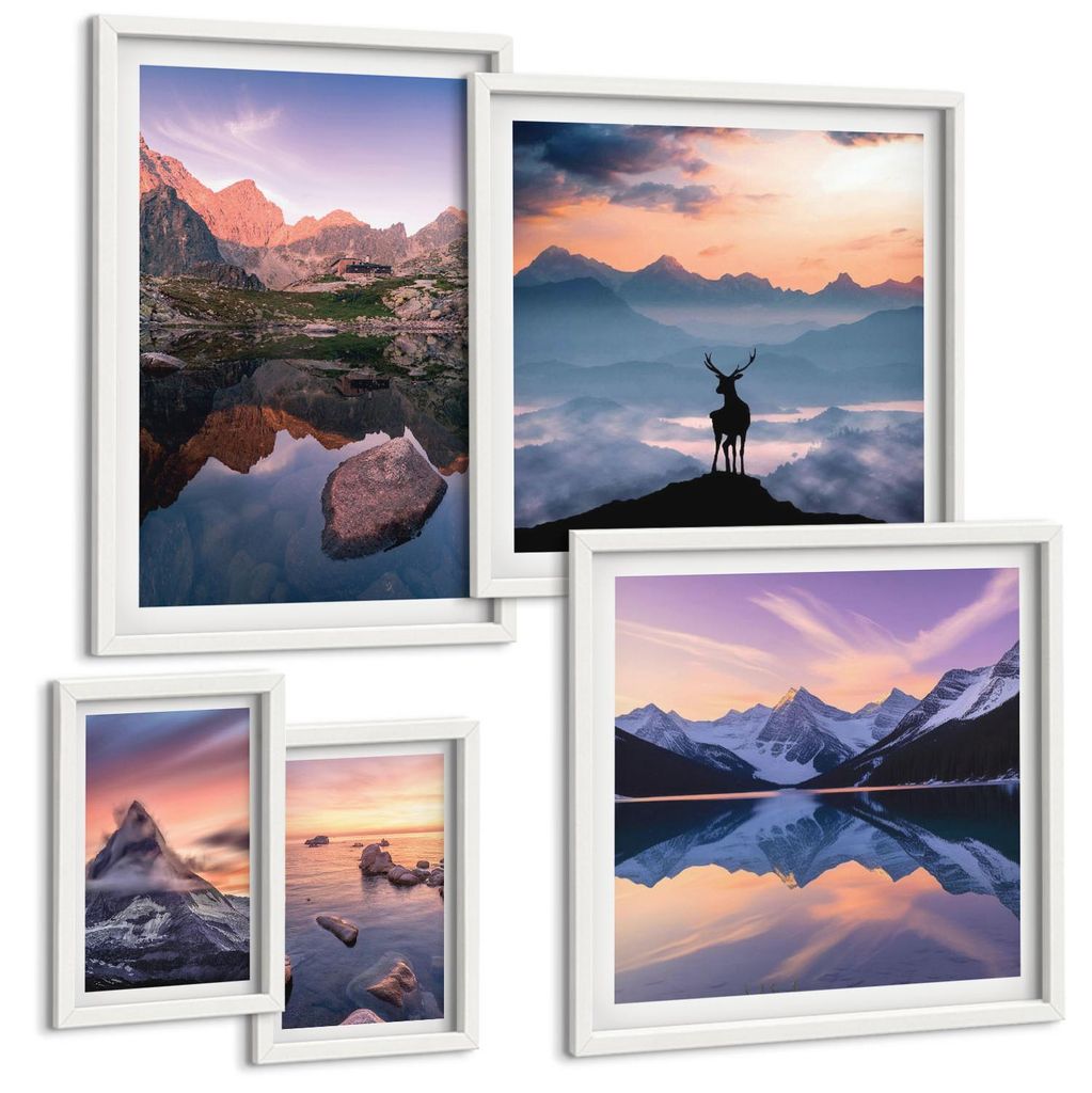 Bilder Set 5-teilig im Goldrahmen Rahmen – Wandbilder 5 Stück – gerahmte Poster für Wohnzimmer, Schlafzimmer und Flur – 50x50 cm - 40x60 cm...
