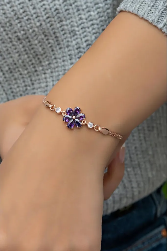 Bracelet argent 925 anti-allergie : fleur et zircon violet durable