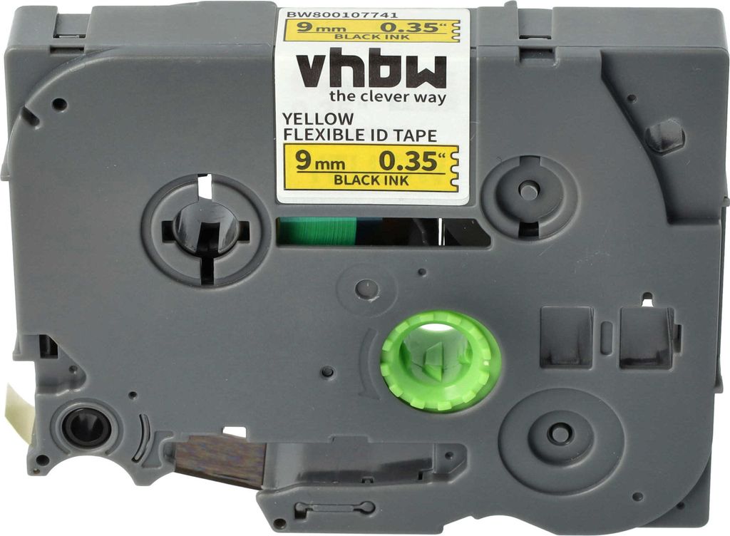 vhbw Schriftband-Kassette kompatibel mit Brother PT D600, D600VP, D450VP, H100LB, E100, E100VP Etiketten-Drucker 8m x 9mm Schwarz auf Gelb, Flexibel