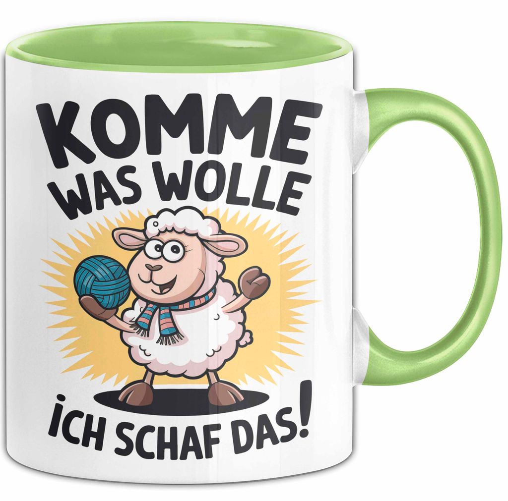 Schaf Tier Bauer Tasse Becher Geschenk Lustige Geschenkidee Spruch Komme Was Wolle Ich Schaf Das (Grün)