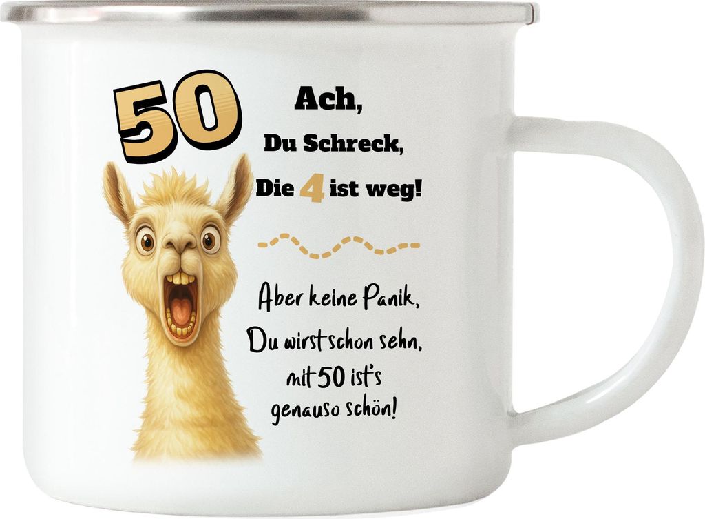 Ach du Schreck Lama Emaille Tasse Lustiges Geschenk 50 Geburtstag Party Spaß Frauen Männer
