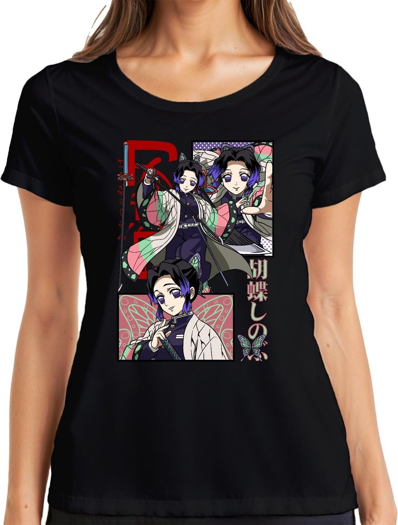 Shinobu Kocho Kimetsu no Yaiba Anime Schmetterling Katana Damen T-Shirt, Schwarz, XL