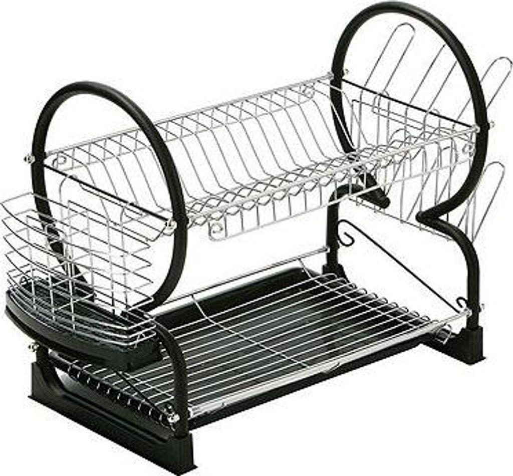 2-stöckiges Afdruiprek für Besteck - Chrom - Küchenregal mit Schublade - Schwarz - 39 x 56 x 25 cm