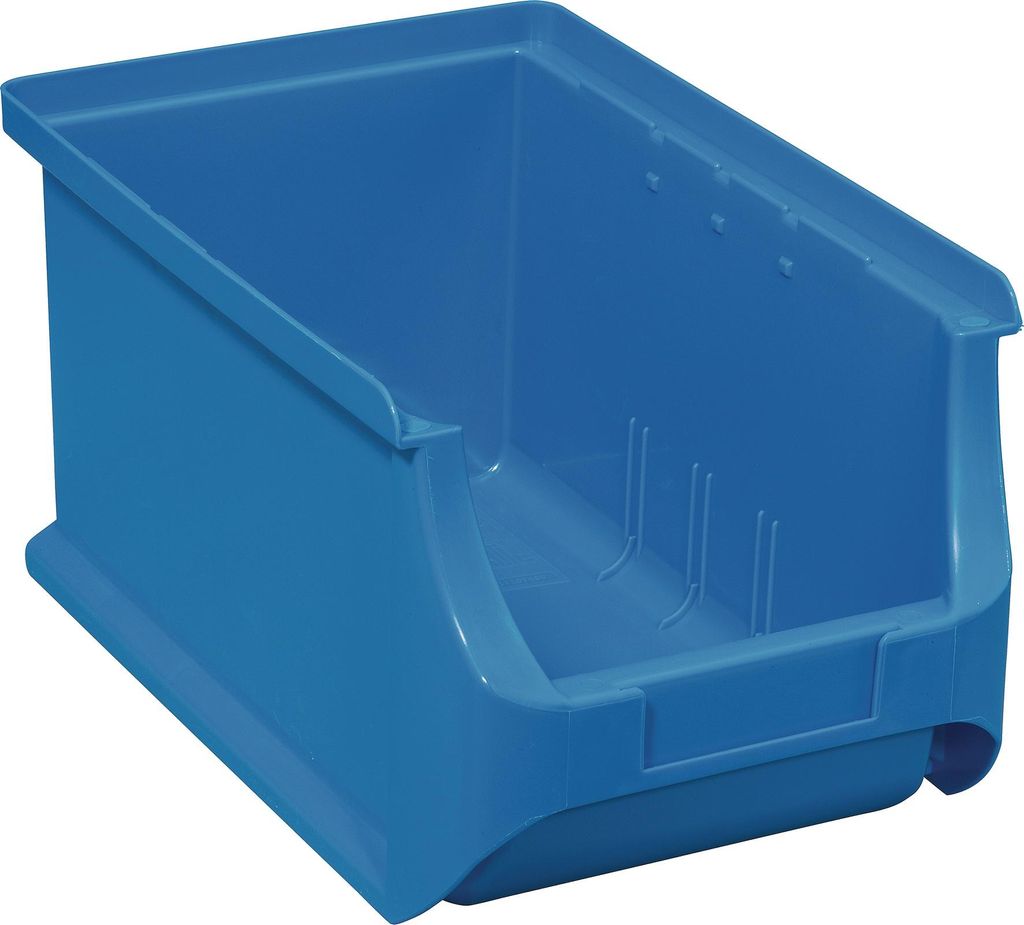 A blue plastic storage bin is shown against a white background.