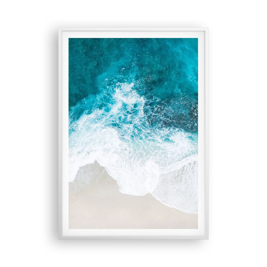 Gerahmtes Poster - Weißer Rahmen - Luftaufnahmen Strand Welle - 70x100 cm - Wand Bild - Wanddeko - Wandbilder - Kunstposter - Wandposter - Bilderr...