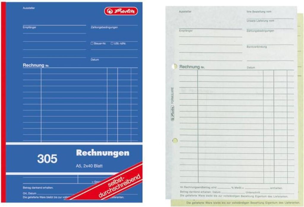A side-by-side comparison of two different invoice forms, one blue and one white with yellow accents.