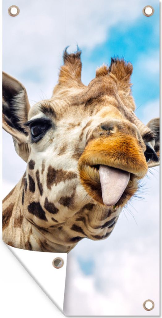 MuchoWow 40x80 cm Outdoor-Poster Gartendeko Sichtschutz Garten Poster für den Garten Giraffe - Lustig - Zunge - Kinder - Jungen - Mädchen - Kind