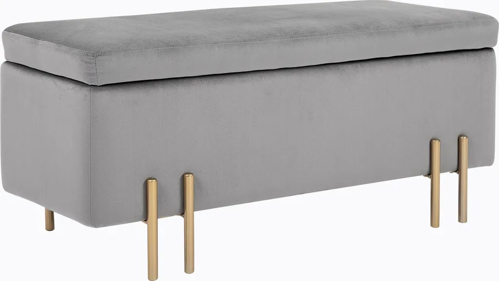 Banc Coffre de Rangement Design Velours Gris Pieds Dorés pour Entrée 100cm