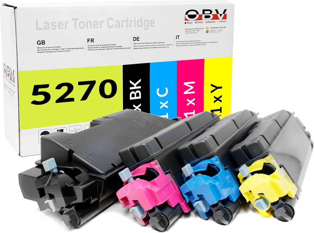 A set of four toner cartridges for a laser printer, with the product packaging in the background.