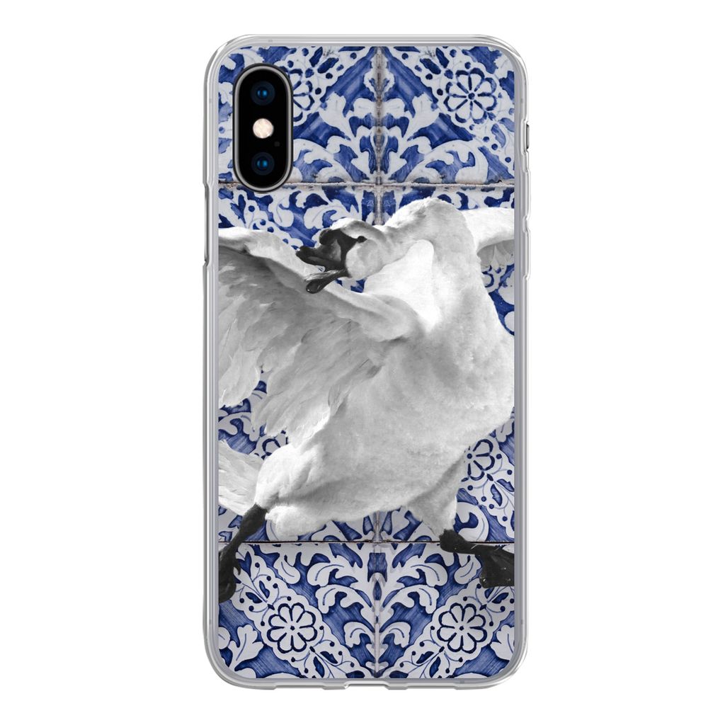 MuchoWow Handyhülle Schutzhülle Hülle für iPhone X Schwan - Kunst - Delfter Blau - Malerei - Alte Meister Silikon Softcase Handy Hülle - Han...