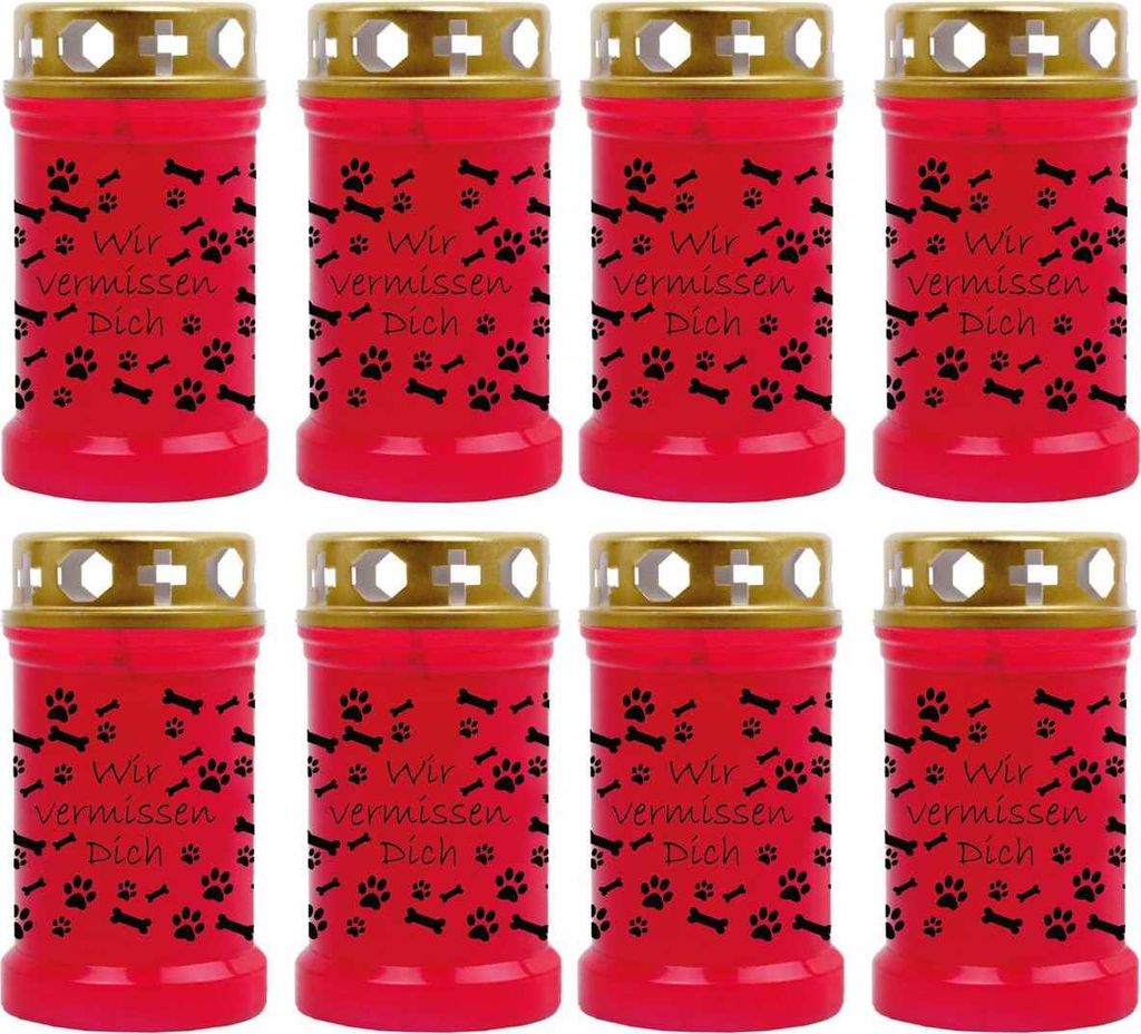 Grabkerze Rot 8er Pack, Brenndauer: 40 Stunden ( je Kerze ), Motiv: Knochen - Pfoten