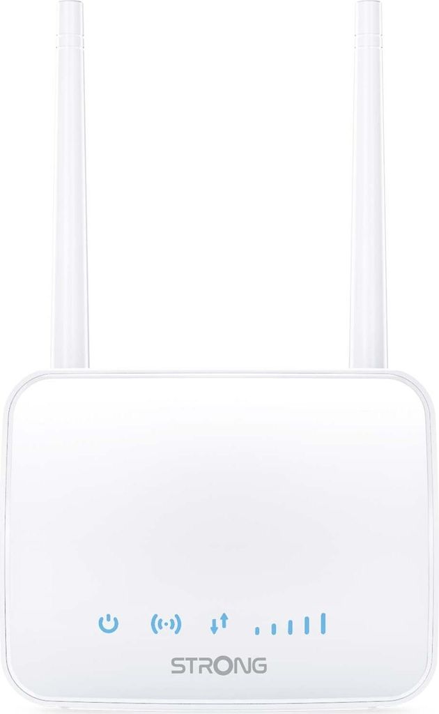 A white STRONG 4G LTE WLAN router with two antennas is shown against a white background.