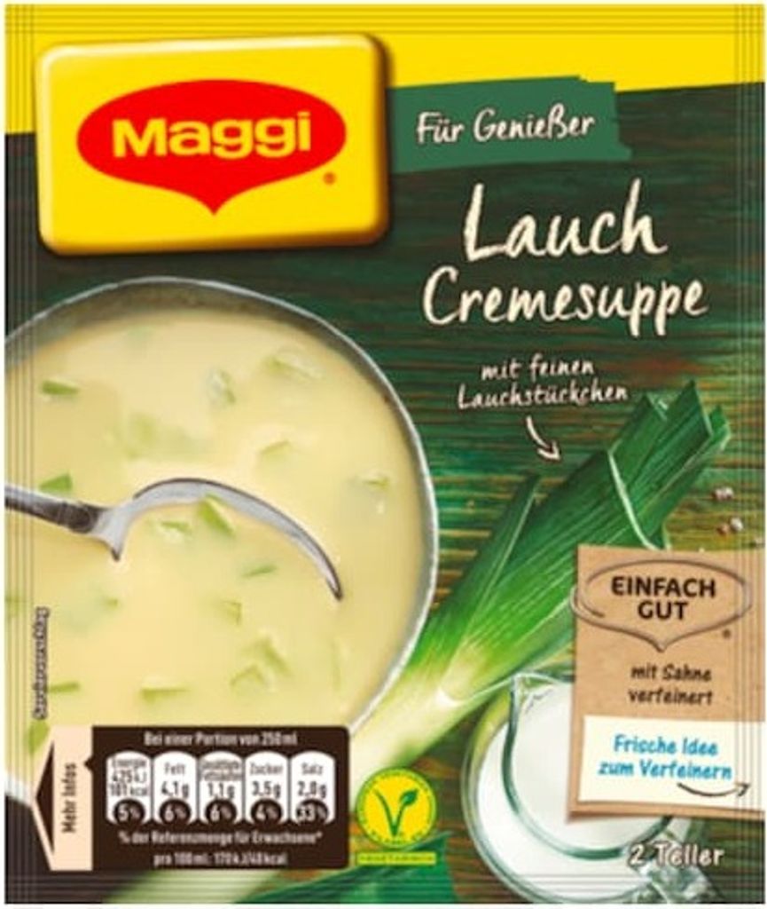 Maggi für Genießer Lauch Creme Suppe mit natürlichen Produktbild 
