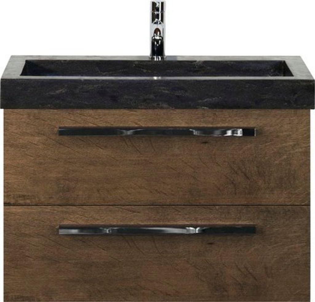 Einzelbadmöbel Sanox Seville BxHxT 81 x 170 x 45,5 cm Frontfarbe tabacco mit Waschtisch Naturstein schwarz und Waschtisc