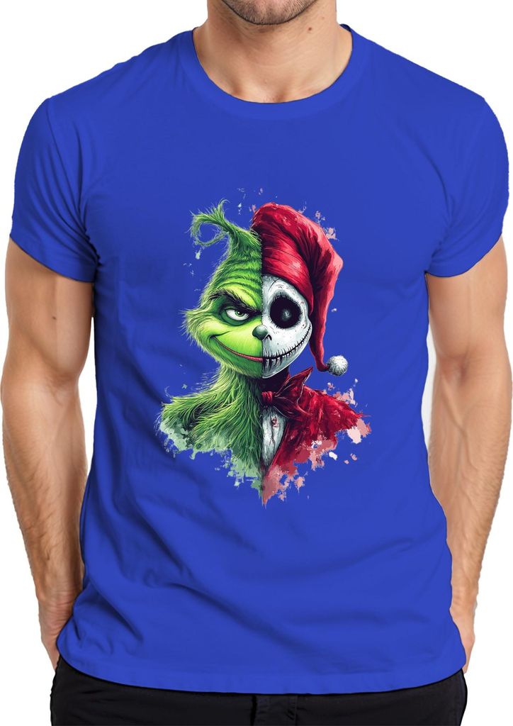 Grinch Jack Skellington Weihnachten Totenkopf Geschenk Horror Herren T-Shirt, Blau, 3XL
