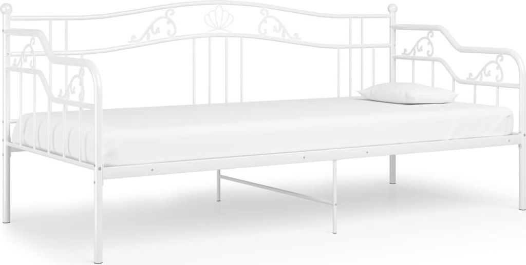 A white metal daybed with a mattress and a pillow.