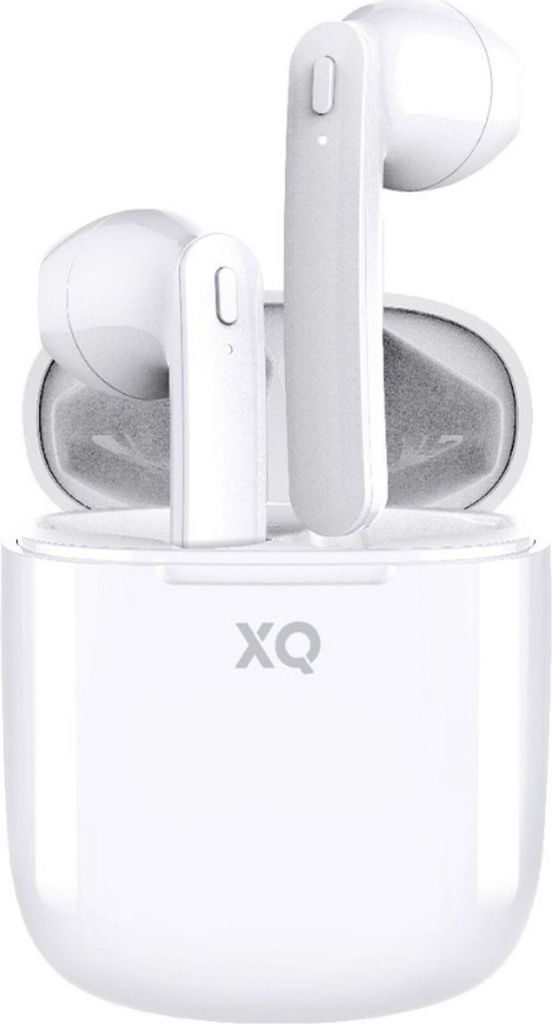 A pair of white wireless earbuds in their charging case.