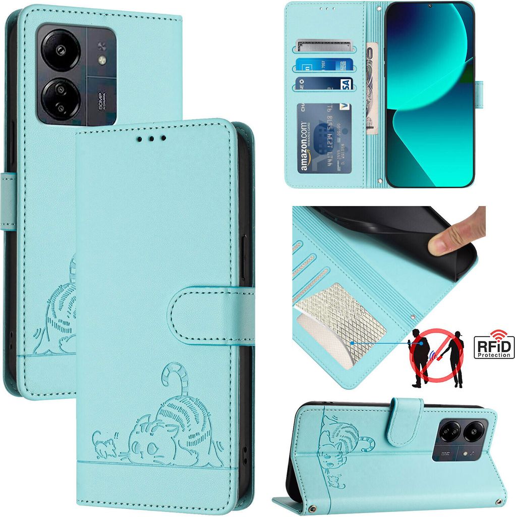 Leder Hülle für Xiaomi Redmi 13C /Poco C65/Poco M6 5G Süße Katze Flip Case Brieftasche Schutzhülle mit Standfunktion hellgrün