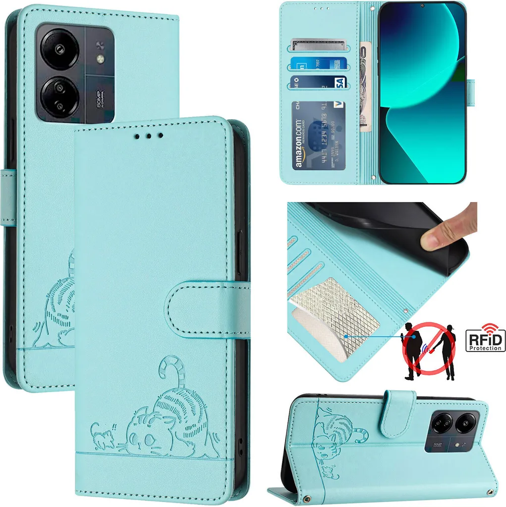Custodia Xiaomi Redmi 13C Poco C65 Verde Chiaro Gatto Flip Case Wallet