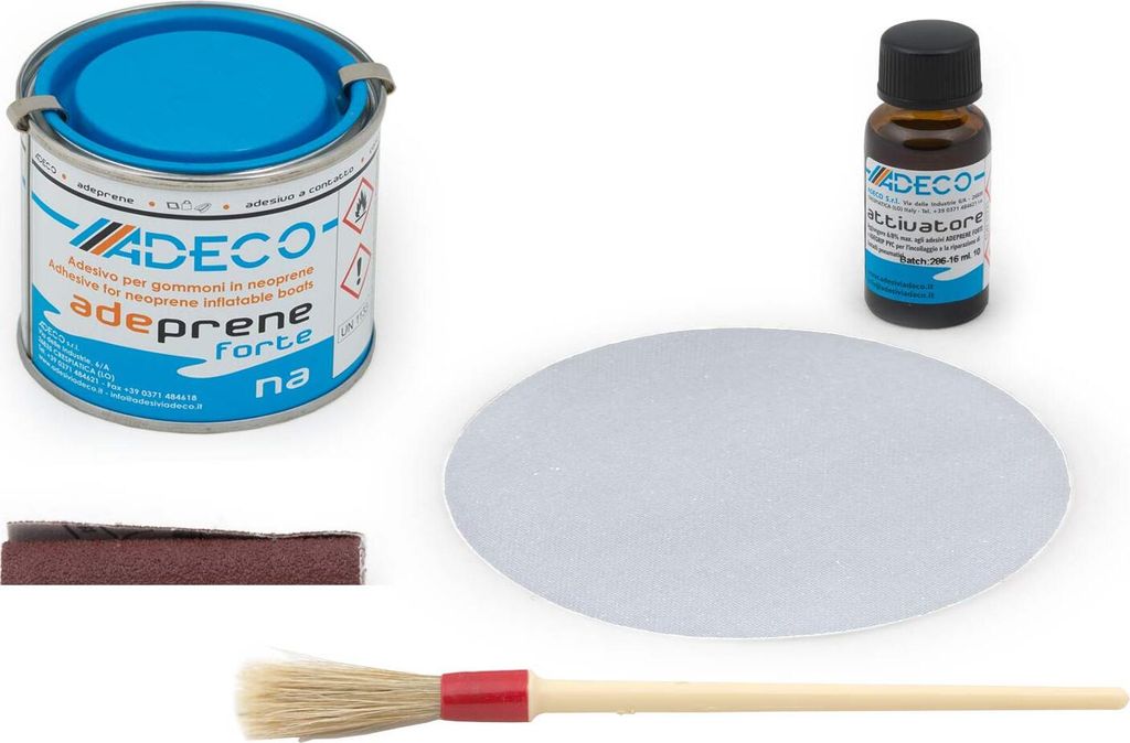 Reparaturset Set mit 2-K-Kleber für Neopren-Hypalon: 1x Flicken Grau (Neopren) ∅10cm, 1x Kleber 125ml, 1x Aktivierer 10m