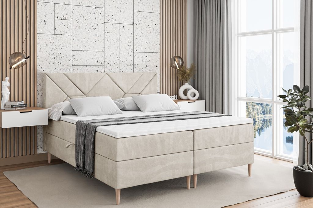 ALTDECOR Boxspringbett mit Holz Füßen, Matratze und Lattenrost, Boxbett, Topper, Polsterbett mit Bettkasten, Bett mit Stauraum H4-Matratze, Doppe...