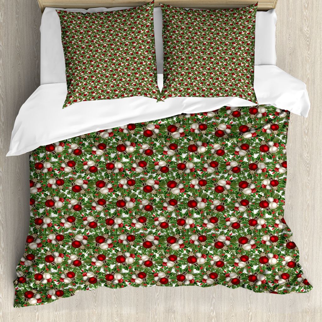 ABAKUHAUS Weihnachten Bettbezug, Bälle Holly Alt, Milbensicher Allergiker geeignet mit Kissenbezügen, 200 cm x 200 cm - 80 x 80 cm, Rot, Grün, Grau