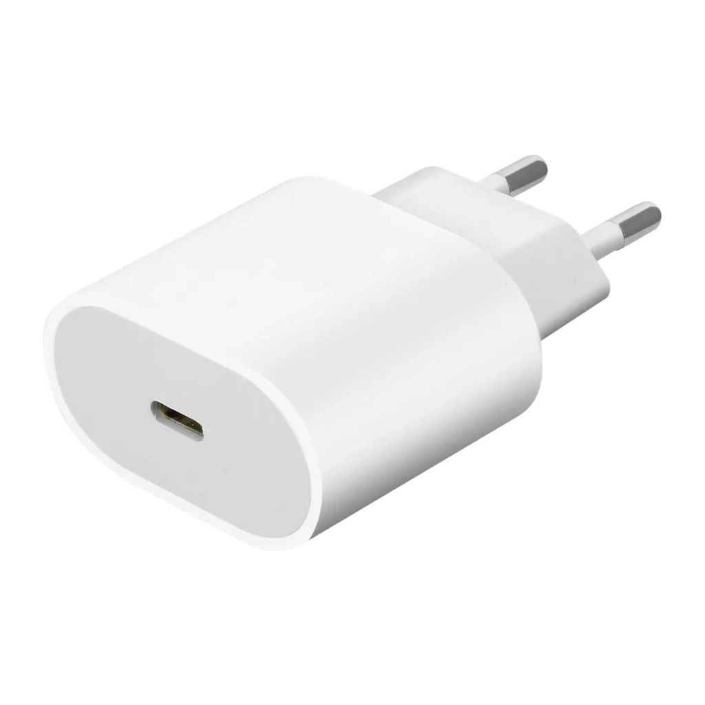 A white USB-C fast charger with a USB-C port and European-style plug prongs.