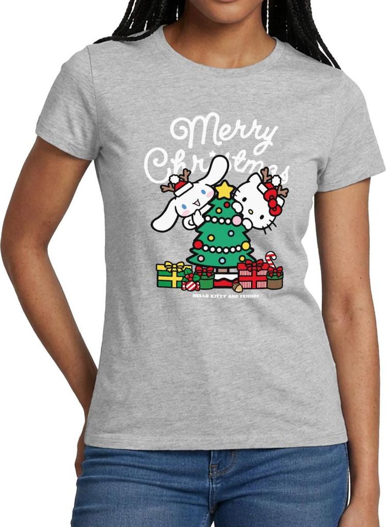Spreadshirt Hello Kitty Und Cinnamoroll Weihnachten Frauen T-Shirt, L, Grau meliert