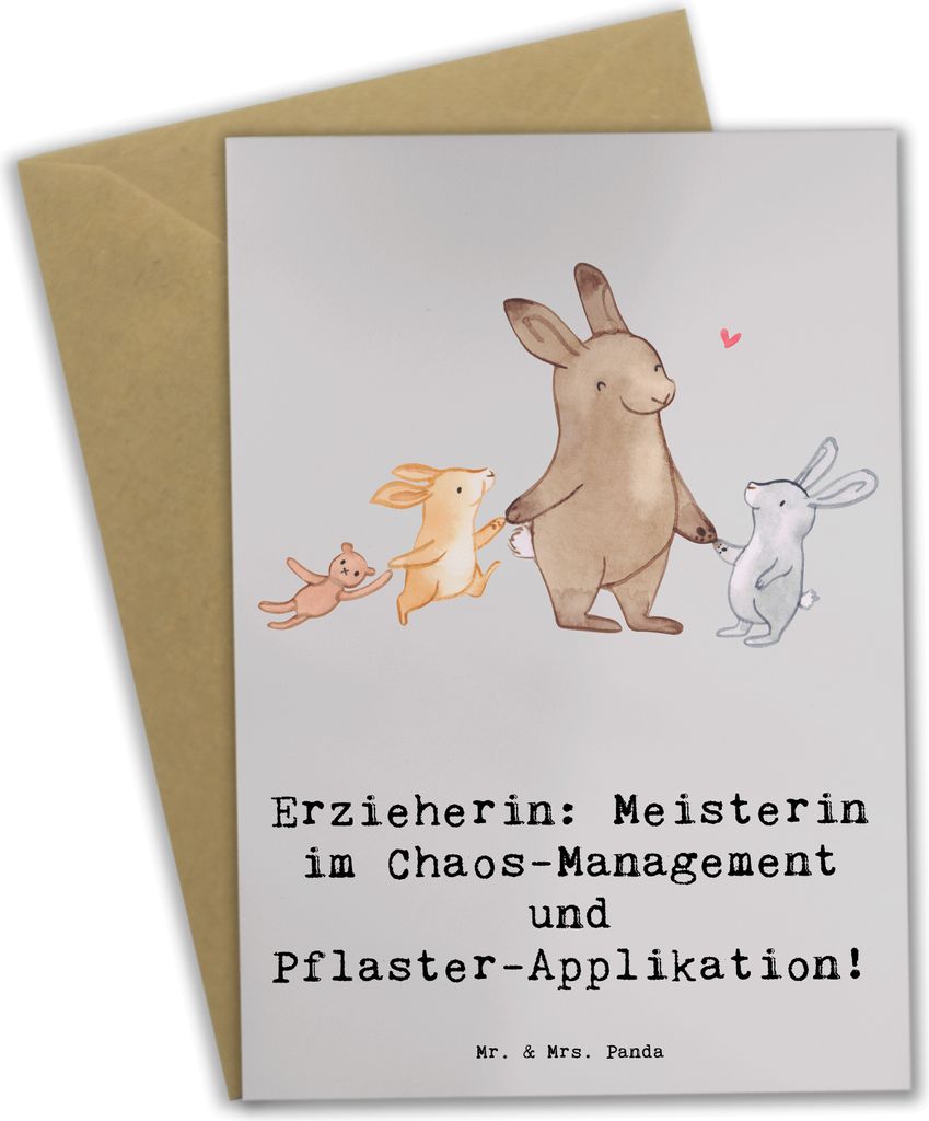 Mr. & Mrs. Panda Glückwunschkarte Erzieherin Chaos-Management - Grau Pastell - Geschenk, Geschenke mit Herz, Singen, Berufe, Beruf, genesungskarte...