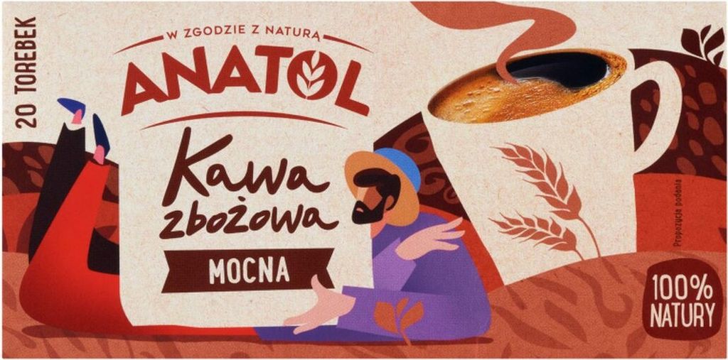 Illustration of people interacting with coffee and grain elements, with product branding.