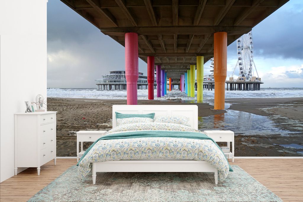 MuchoWow Fototapete für Wohnzimmer oder Schlafzimmer Wandtapete Vinyl Motivtapete Farbige Säulen unter dem Pier in Scheveningen - 400x240 cm - ...