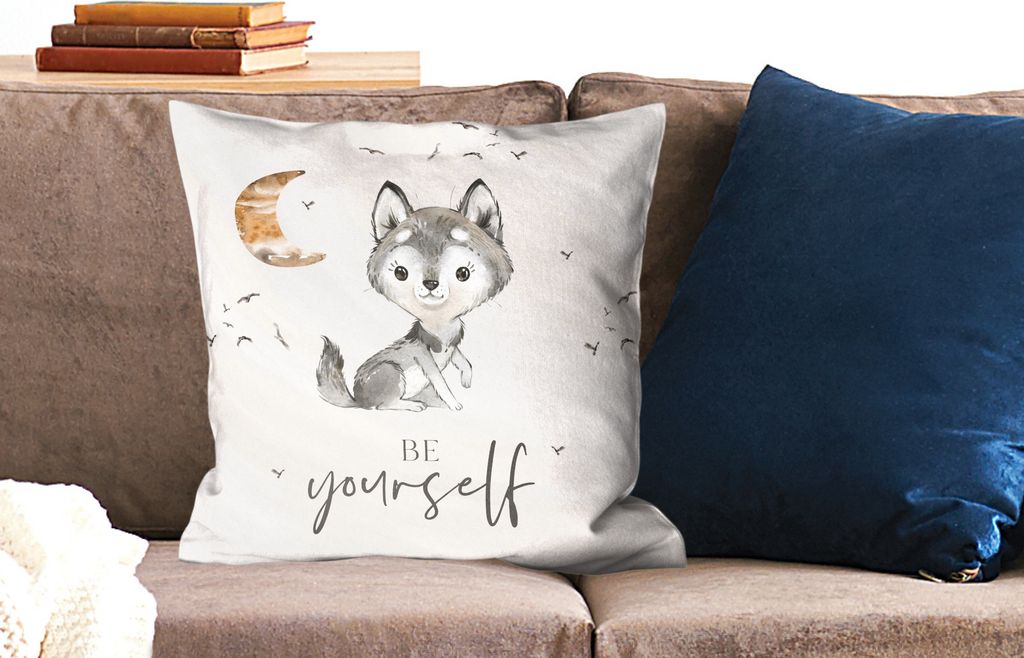 MuchoWow Zierkissen Sofakissen Wohnzimmer Dekokissen 50x50 cm Sprichwörter - Wolf - Sei du selbst - Kinder - Jungen - Mädchen - Aquarell - Komf...