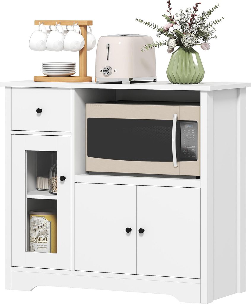 Küchenschrank mit Kabelloch, Kommode mit 2 Schränken, offenes Fach, Schublade, 80 x 35 x 72,2 cm, Spanplatte, Weiß