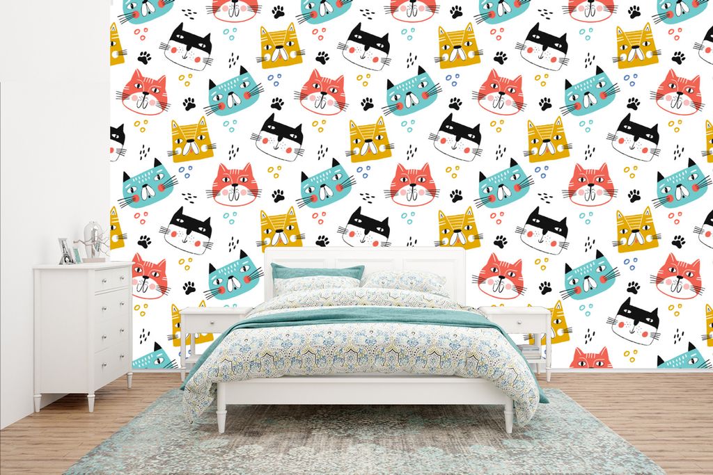 MuchoWow Fototapete für Wohnzimmer oder Schlafzimmer Wandtapete Vinyl Motivtapete Jungen - Muster - Katzen - 435x260 cm - Kinderzimmer