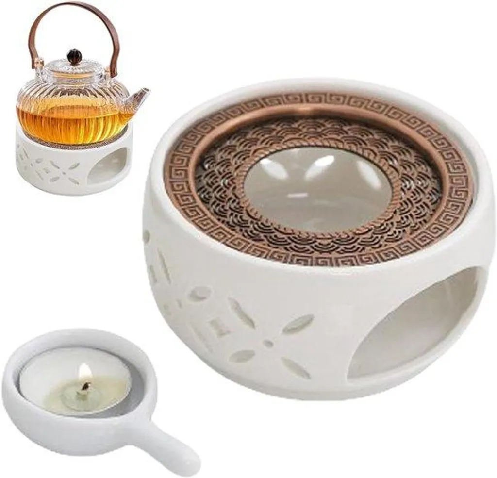 Chauffe-thé blanc motif bois en porcelaine - Forme de fleur avec soucoupe