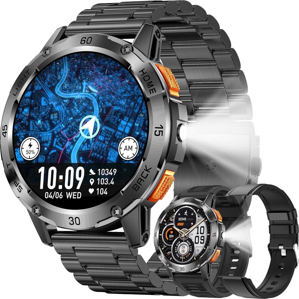 1.53'' AMOLED Smartwatch mit Telefonfunktion Fitnessuhr Herren Damen 100 Sportmodi Pulsmesser Schlafmonitor 5ATM wasserdicht 400mAh Akku Android iOs