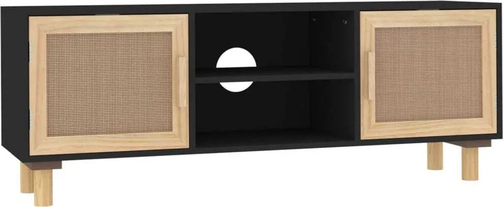 Meuble TV 105 cm bois noir et cannage rotin naturel style bohème