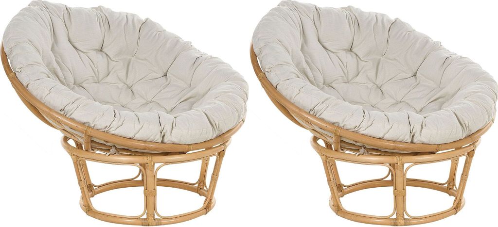 BELIANI Gartensessel 2er Set Natürlich Rattan Rund 110 cm Groß Drehbar mit Auflage Beige Boho Korbsessel Rattansessel Outdoor Indoor Terrasse Balkon