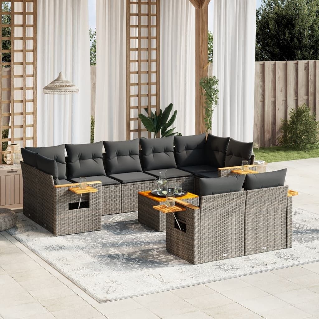 The Living Store 10-tlg. Garten-Sofagarnitur mit Kissen Grau Poly Rattan
