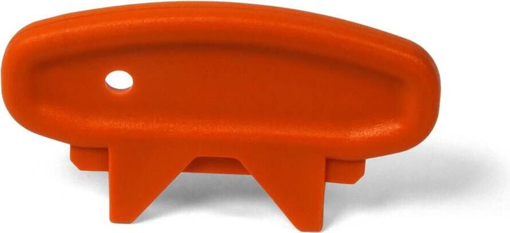 A close-up studio shot of an orange plastic tool.