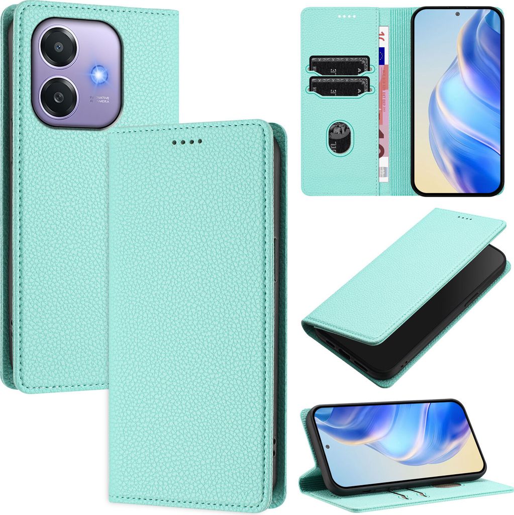 Litchi Leder Handyhülle für Oppo A3X/Oppo A3/Oppo A40 4G/Oppo A60 5G Wallet Kartenfächer Standfunktion Hülle Türkis