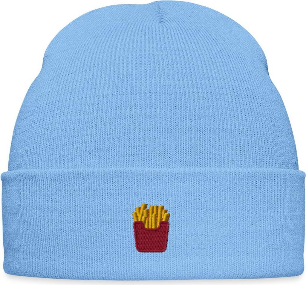 Spreadshirt Stickmotiv Pommes in Rotem Fizzer Beutel Bestickte Wintermütze, One size, Himmelblau