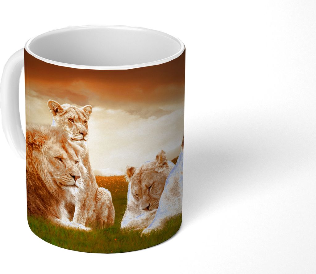 MuchoWow Tasse Kaffeetasse Kaffeebecher 350 ml Löwen - Gras - Himmel Teetasse - Fototasse - Becher - Keramikbecher - Teebecher - Kaffeetasse - B...